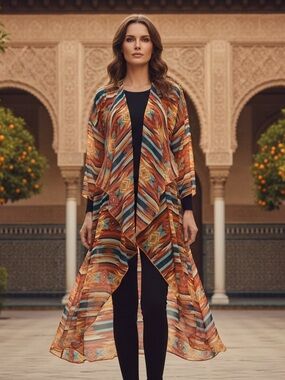LuLaRoe Multicolor Geometric Kimono Duster - Rich Tones Rust, Teal & Cream